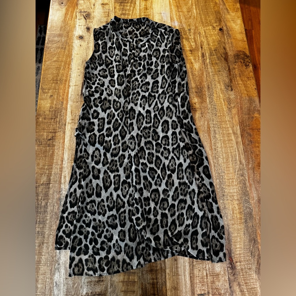 Zara Leopard animal Print Sleeveless long tank top button down sheer blouse EUC